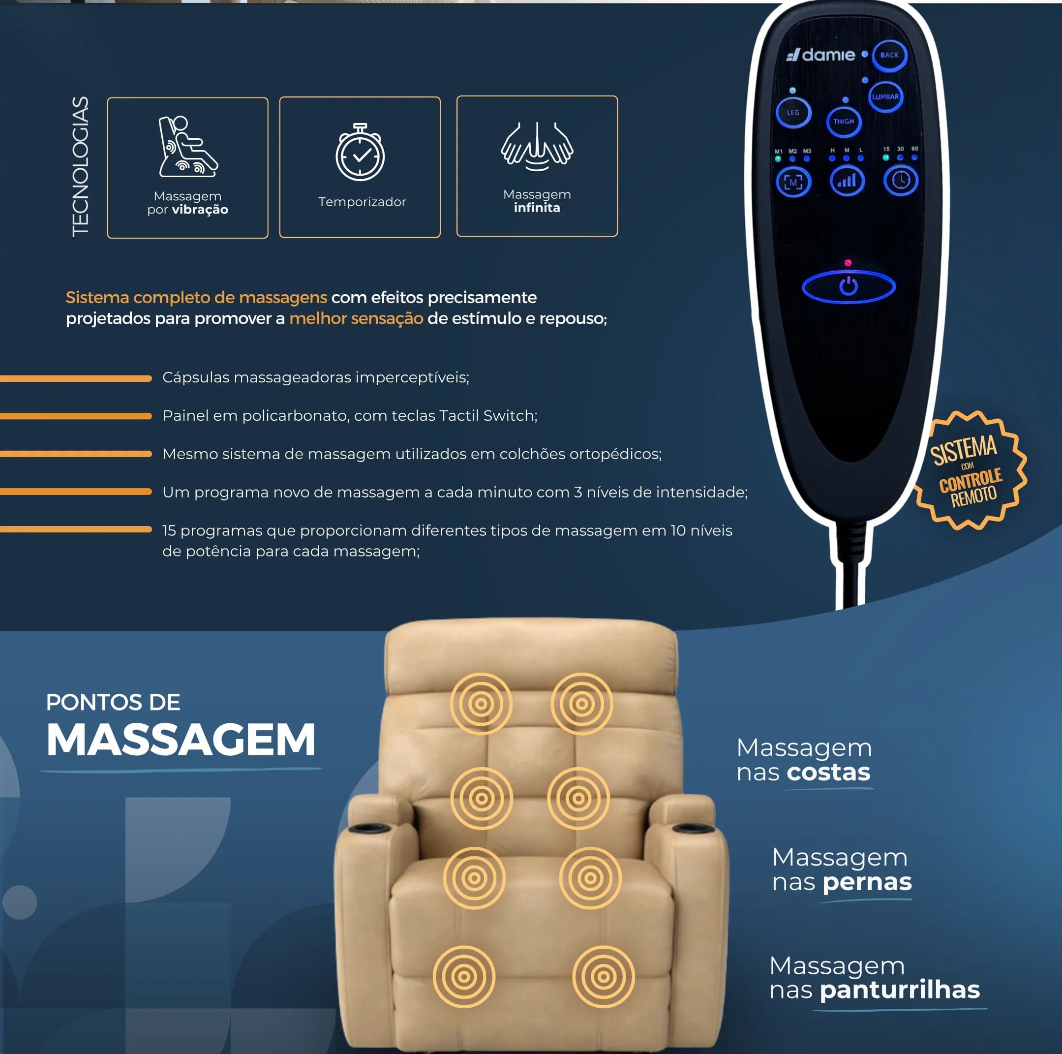 Detalhe da poltrona com sistema de massagem e reclinação