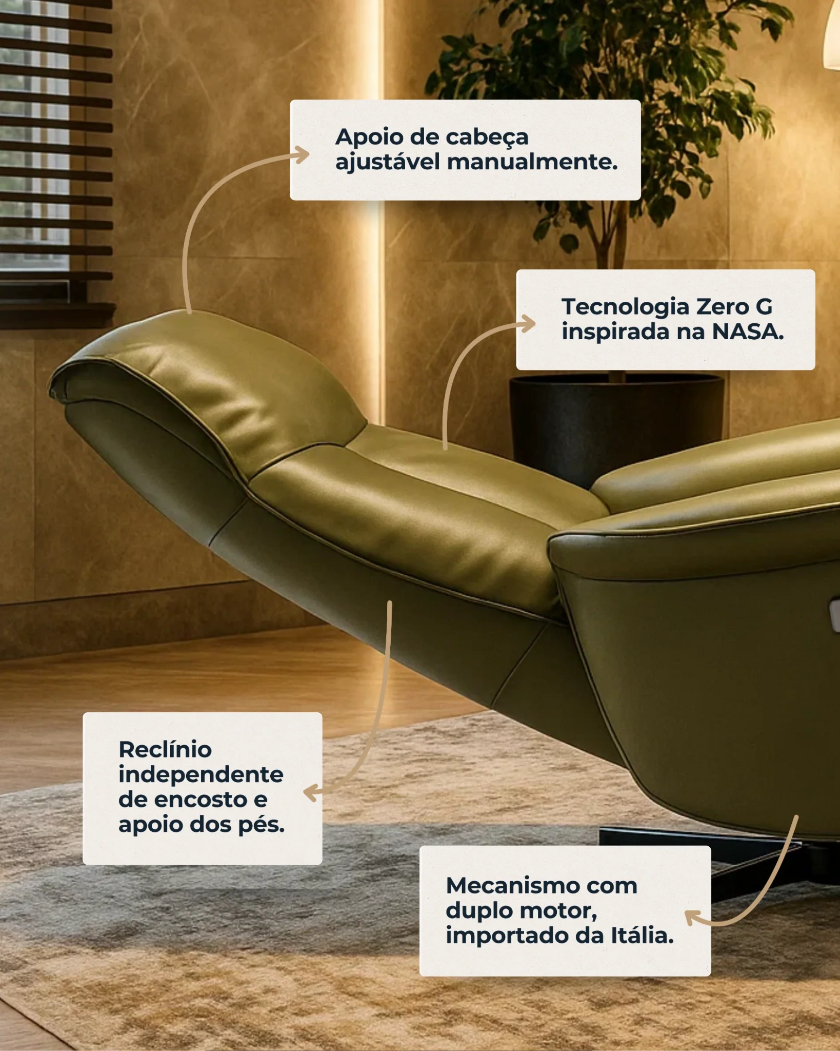 Destaques da Poltrona Levita com reclinação elétrica e ajuste de apoio.
