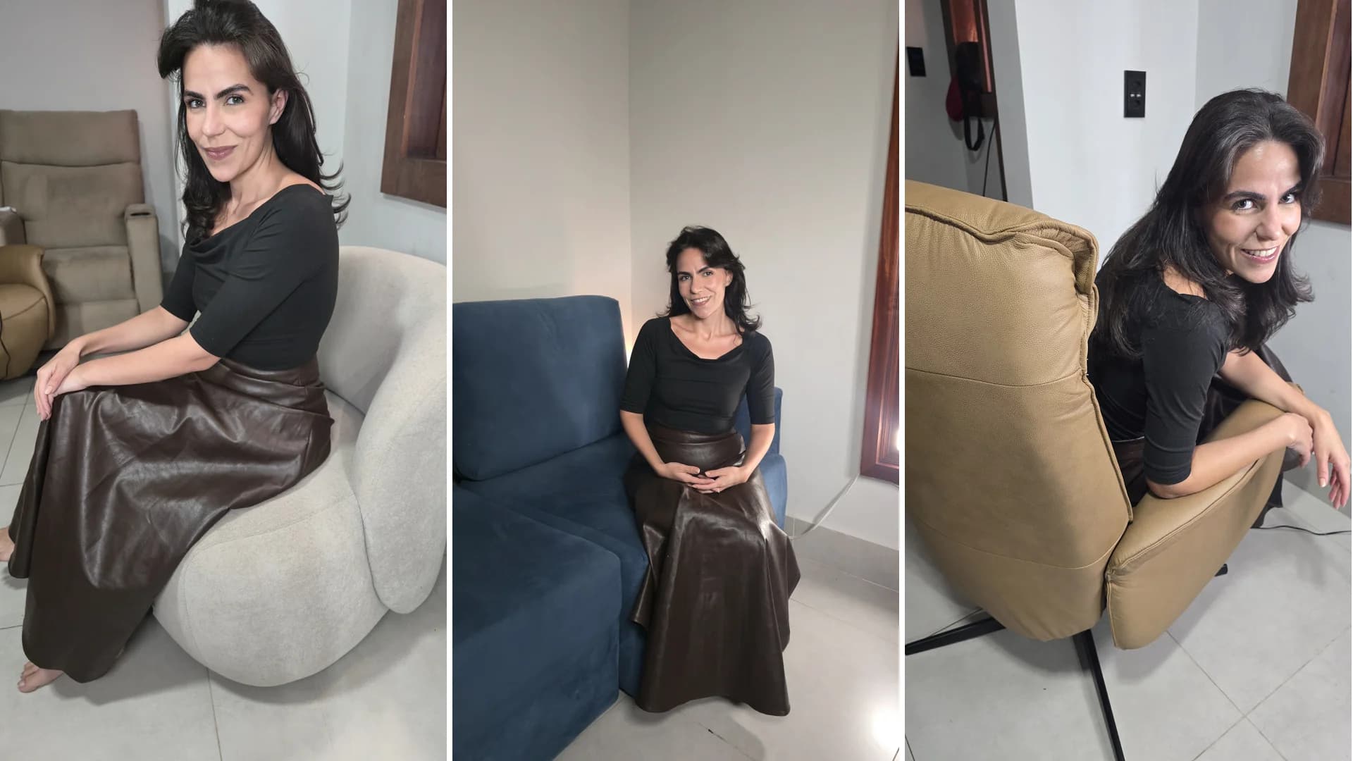 Colagem de fotos reais mostrando a poltrona em linho bege, o sofá modular em tecido azul e a poltrona reclinável de couro na sala da Cecília