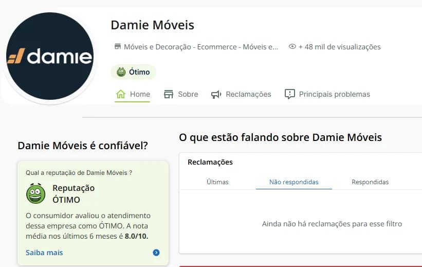 Print da reputação oficial da Damie Móveis no Reclame Aqui