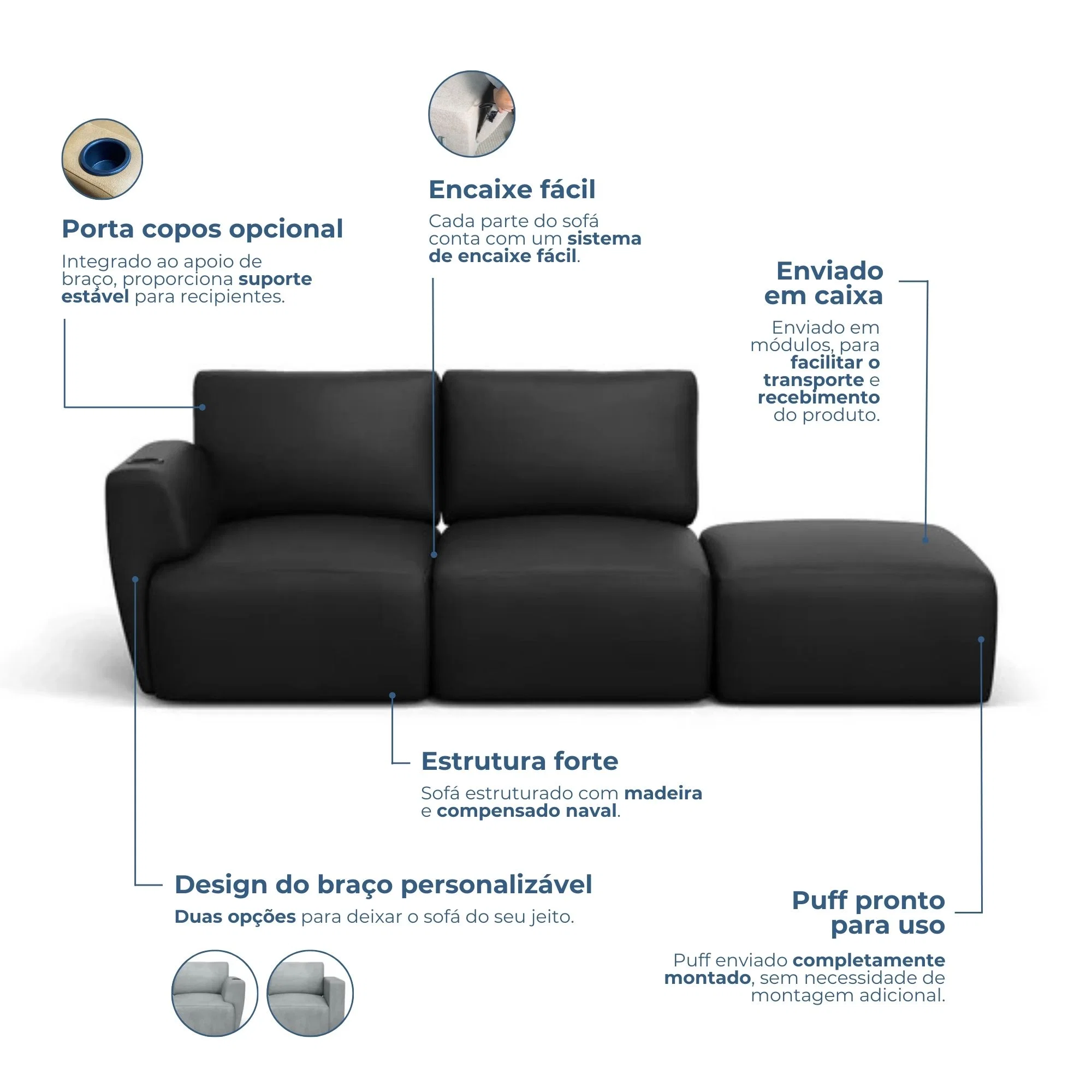 Módulos e itens de um sofá modular separados para montagem.