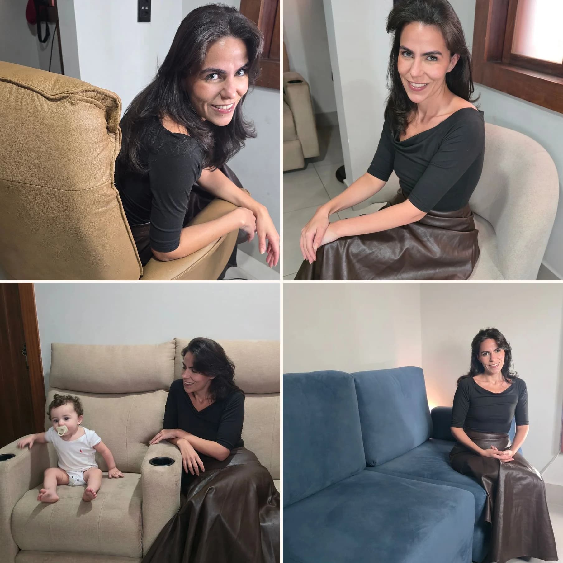 Cecília com poltronas e sofá Damie na sala da sua casa