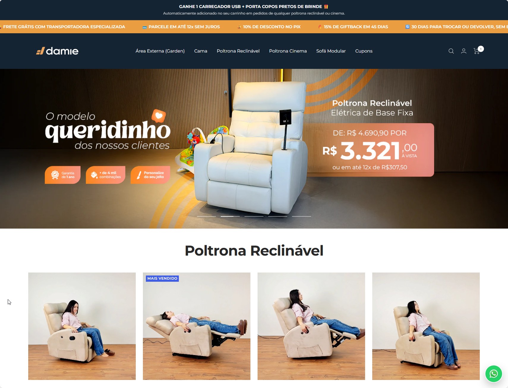 Site da Damie com produtos de conforto para casa