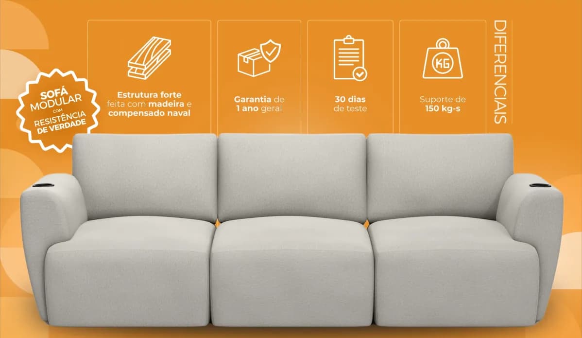 Sofá Modular Damie de três lugares e seus diferenciais de estrutura e garantia