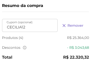 Resumo da compra na Damie com o cupom CECILIA12 aplicado: 12% OFF no total